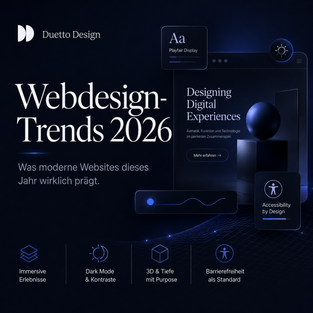Dunkles Duetto-Design-Coverbild mit der Überschrift „Webdesign Trends 2026“ und visuellen Elementen zu Dark Mode, 3D, Barrierefreiheit und modernen digitalen Erlebnissen.
