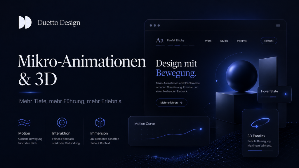 Dunkle Duetto-Design-Grafik zum Thema Mikro-Animationen und 3D mit einer abstrakten Website-Oberfläche, 3D-Objekten und Hinweisen auf Bewegung, Interaktion und visuelle Tiefe.