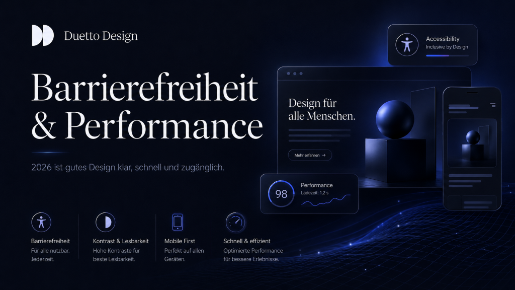 Dunkle Duetto-Design-Grafik mit der Überschrift „Barrierefreiheit & Performance“. Zu sehen sind Website- und Smartphone-Elemente sowie Symbole für Zugänglichkeit, Kontrast, mobile Nutzung und schnelle Ladezeiten.