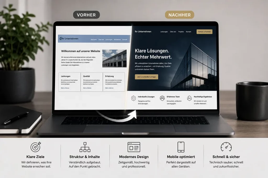 Vorher-Nachher-Darstellung eines Website-Relaunchs auf einem Laptop. Links ist eine ältere, unübersichtliche Website zu sehen, rechts eine moderne, klar strukturierte Unternehmenswebsite mit besserer Nutzerführung, mobilem Anspruch und professioneller Gestaltung.