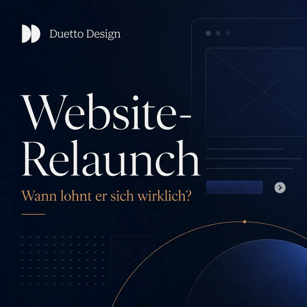Dunkles Duetto-Design-Coverbild mit der Überschrift „Website-Relaunch: Wann lohnt er sich wirklich?“ und visuellen Website-Wireframes im Hintergrund.