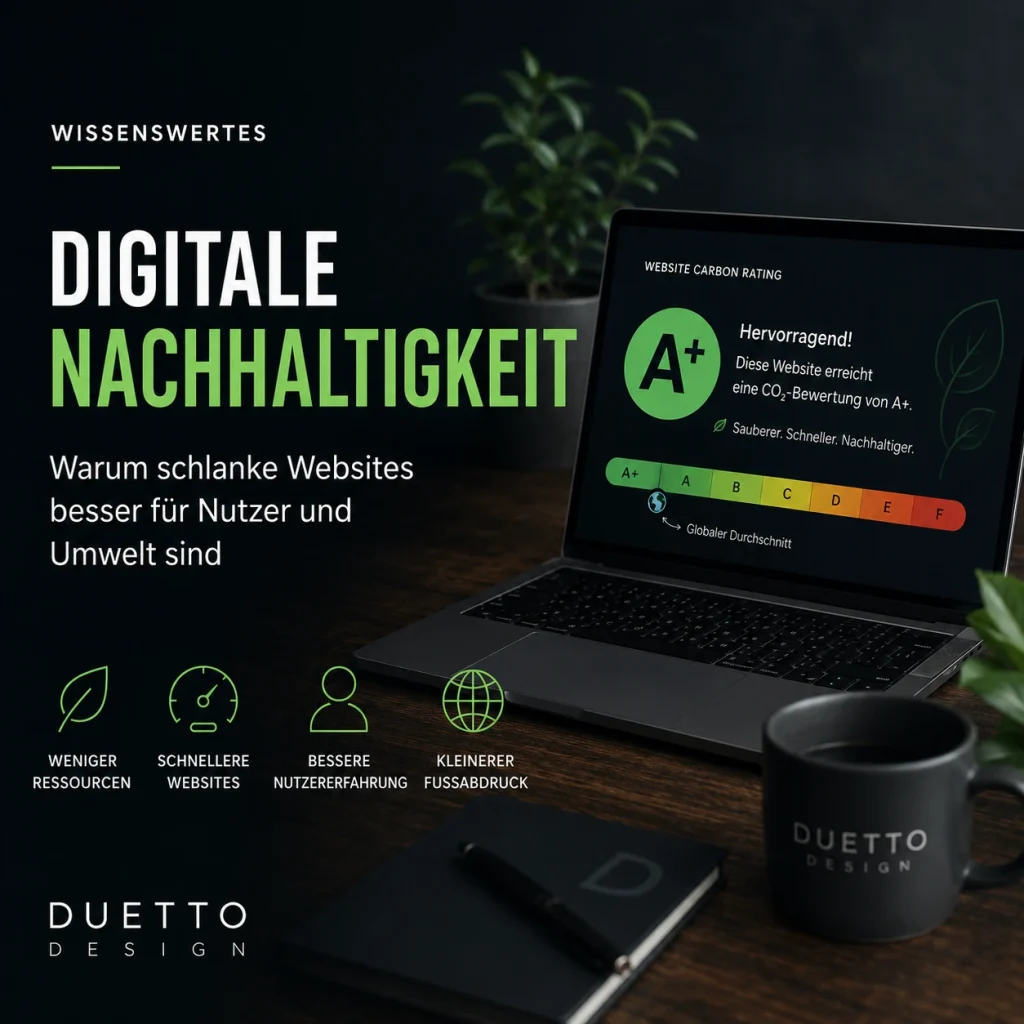 Digitale Nachhaltigkeit im Webdesign: Dunkles Beitragsbild mit Laptop, A+ Carbon Rating und grünen Akzenten. Die Grafik zeigt, warum schlanke Websites schneller laden, weniger Ressourcen verbrauchen und die Nutzererfahrung verbessern.