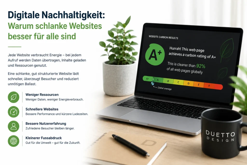 Digitale Nachhaltigkeit: Warum schlanke Websites besser für Nutzer und Umwelt sind 3 Digitale Nachhaltigkeit im Webdesign: Laptop mit A+ Carbon Rating und Übersicht zu den Vorteilen schlanker Websites, darunter weniger Ressourcenverbrauch, schnellere Ladezeiten und bessere Nutzererfahrung.