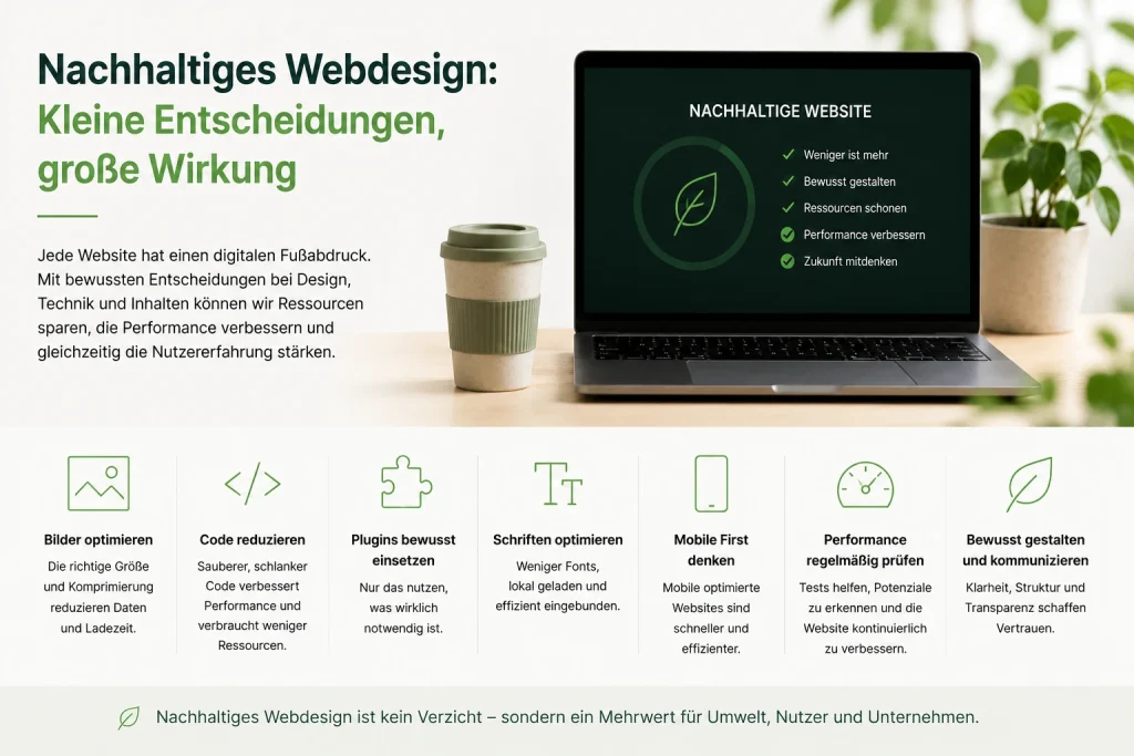 Digitale Nachhaltigkeit: Warum schlanke Websites besser für Nutzer und Umwelt sind 4 Digitale Nachhaltigkeit im Webdesign: Übersicht mit praktischen Maßnahmen für nachhaltiges Webdesign, wie optimierte Bilder, schlanker Code, bewusster Plugin-Einsatz, mobile Optimierung und regelmäßige Performance-Prüfung.