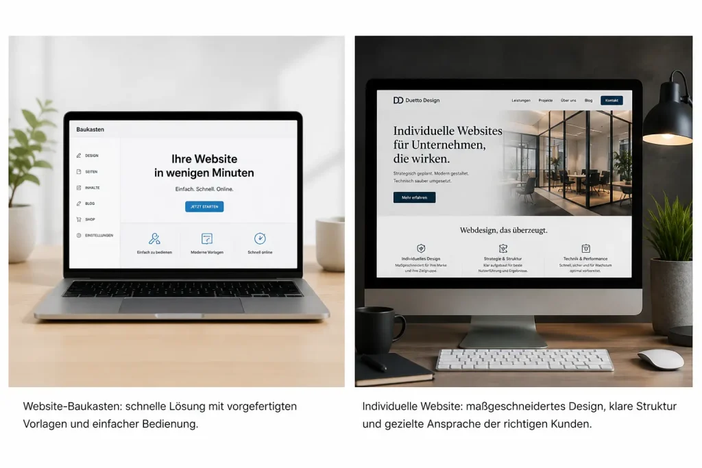 Website-Baukasten vs. individuelle Website: Vergleich zwischen schneller Vorlage und maßgeschneiderter Unternehmenswebsite mit klarer Struktur und professioneller Markenwirkung.