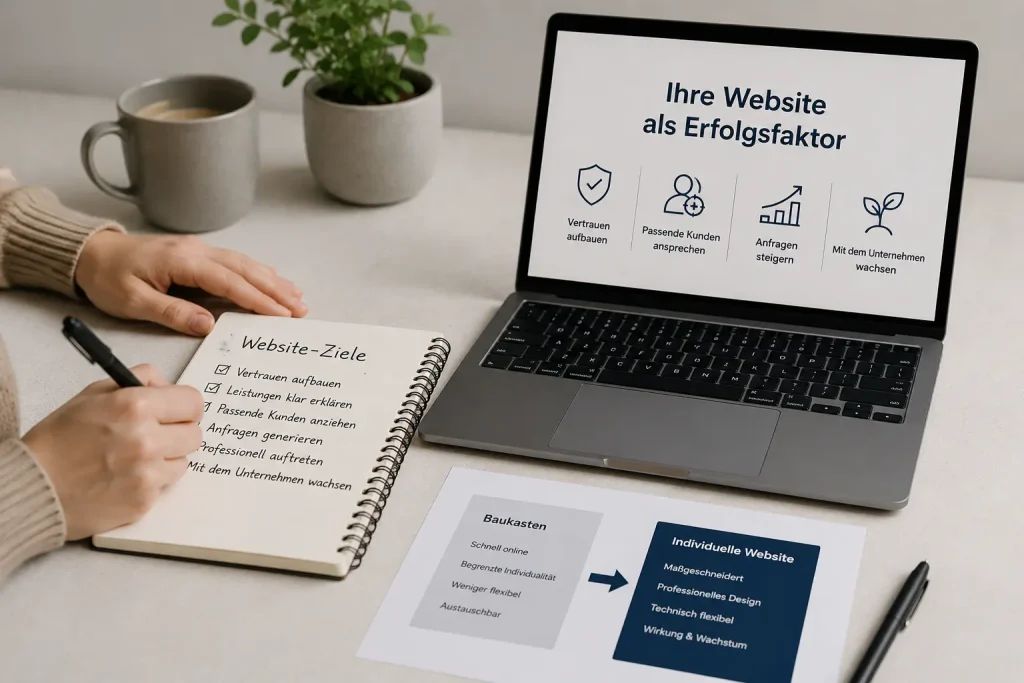 Planung einer individuellen Website: Laptop und Notizbuch zeigen Website-Ziele wie Vertrauen aufbauen, passende Kunden ansprechen, Anfragen steigern und mit dem Unternehmen wachsen.