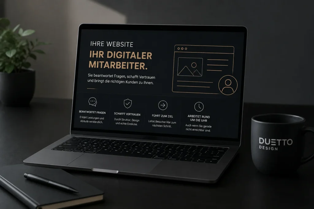 Website als digitaler Helfer: Laptop mit moderner Website-Oberfläche, die zeigt, wie eine Website Fragen beantwortet, Vertrauen schafft, Besucher führt und rund um die Uhr unterstützt.