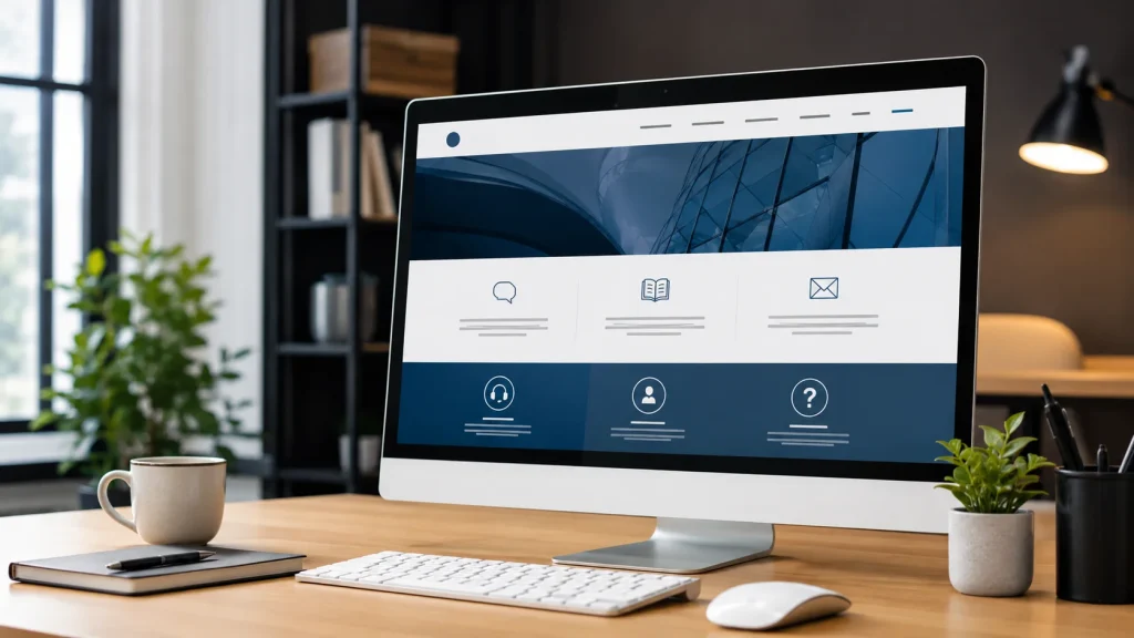 Website als digitaler Helfer: Klar strukturierte Website auf einem Desktop-Monitor, die Informationen übersichtlich darstellt, Fragen beantwortet und Kontaktmöglichkeiten sichtbar macht.