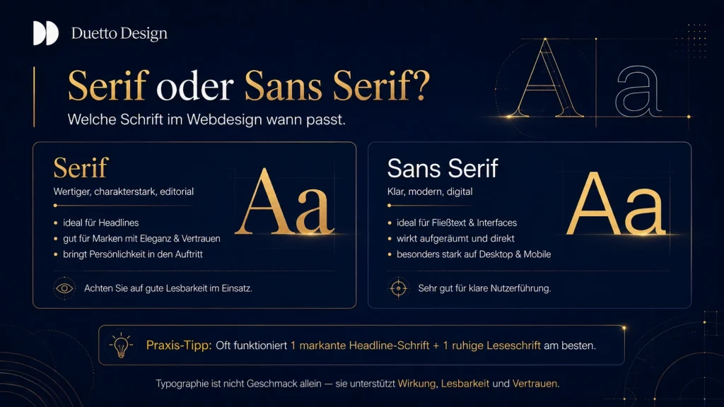 Typographie im Webdesign: Warum gute Schrift mehr ist als nur Optik 4 Infografik von Duetto Design zum Unterschied zwischen Serif- und Sans-Serif-Schriften im Webdesign mit Hinweisen zu Wirkung, Lesbarkeit und Einsatzbereichen.