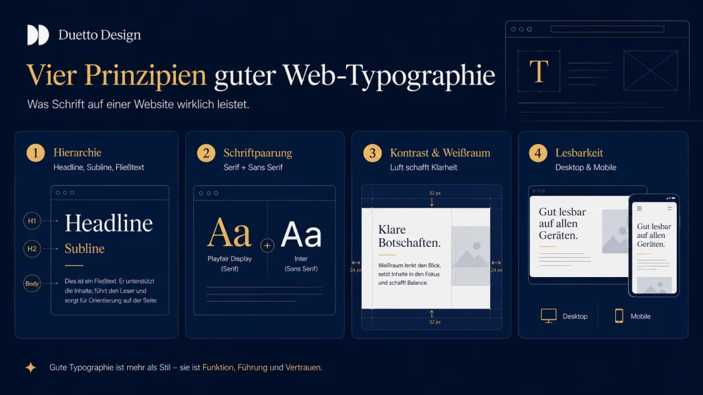 Typographie im Webdesign: Warum gute Schrift mehr ist als nur Optik 3 Infografik von Duetto Design zum Thema Web-Typographie mit vier Prinzipien: Hierarchie, Schriftpaarung, Kontrast und Weißraum sowie Lesbarkeit auf Desktop und Mobile.